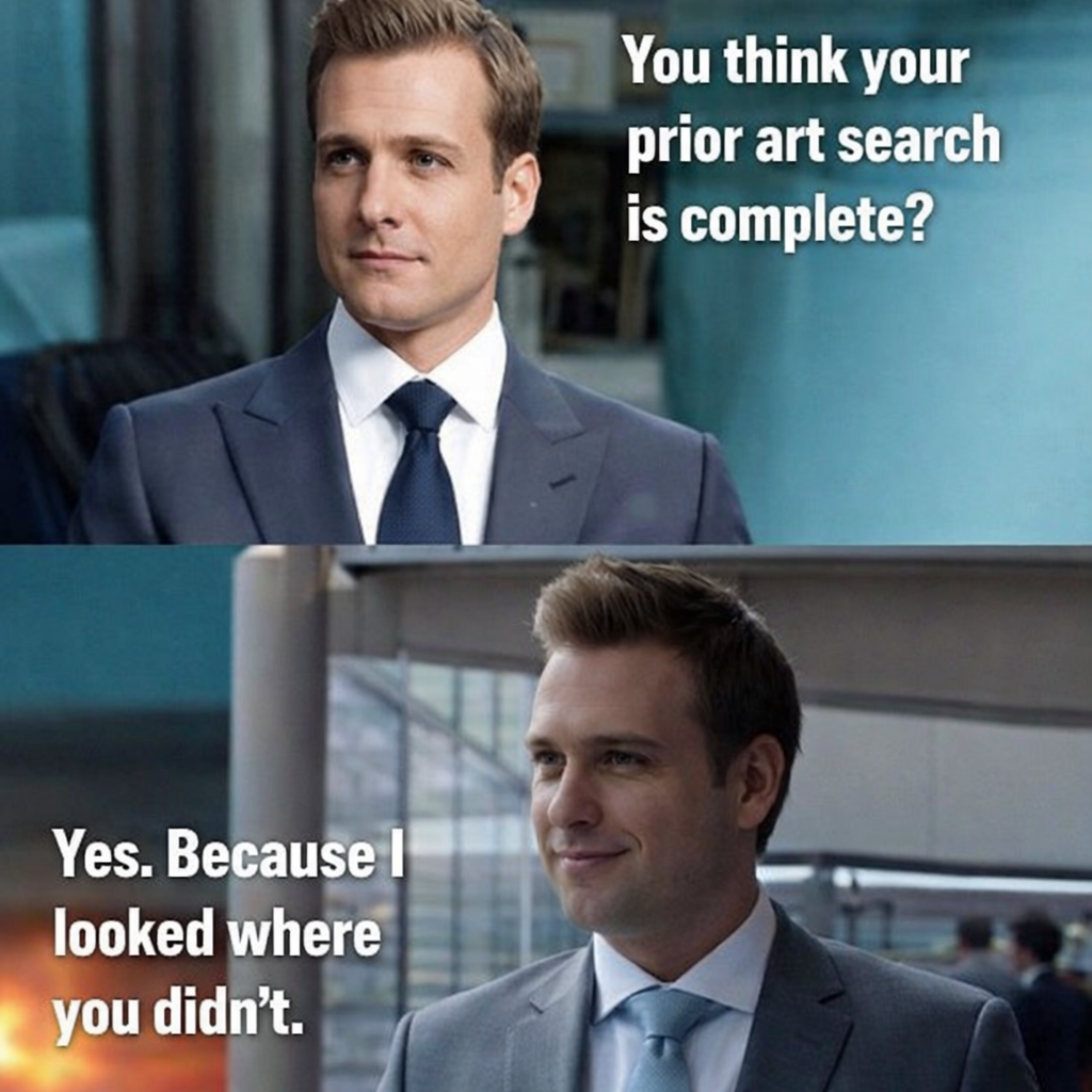  Suits meme with Harvey Specter and Mike Ross illustrating opposing counsel dynamics and the risk of missed prior art in AI and software patent litigation.