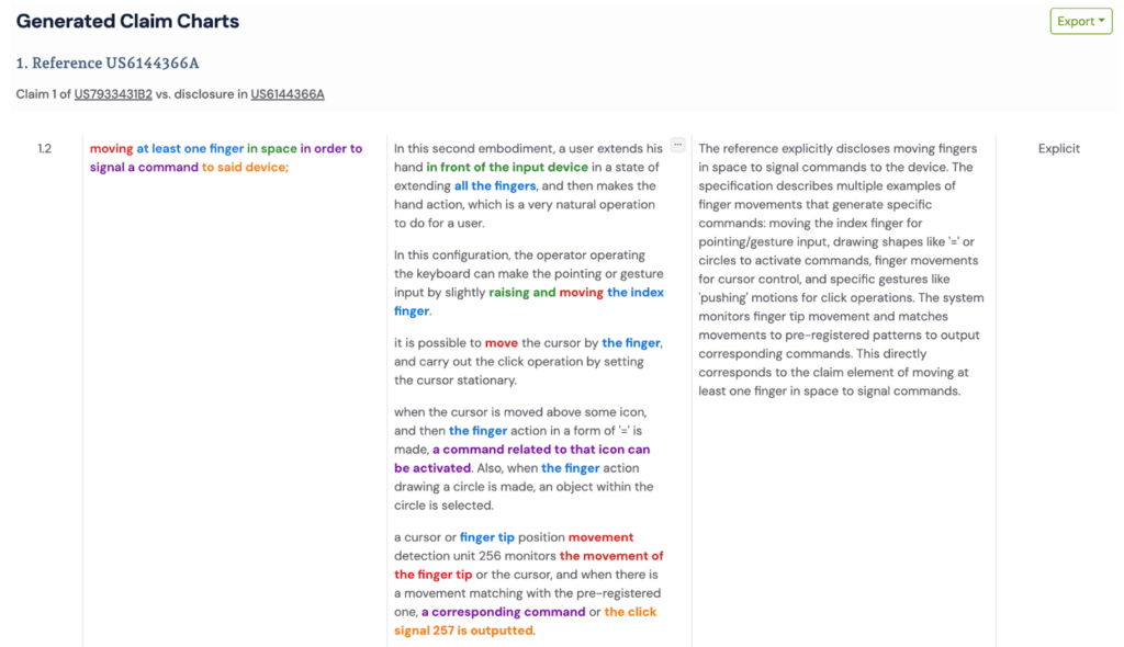 Screenshot of GPS claim chart generator showing color-coded mapping of claim element 1.2 from US7933431B2 against prior art US6144366A