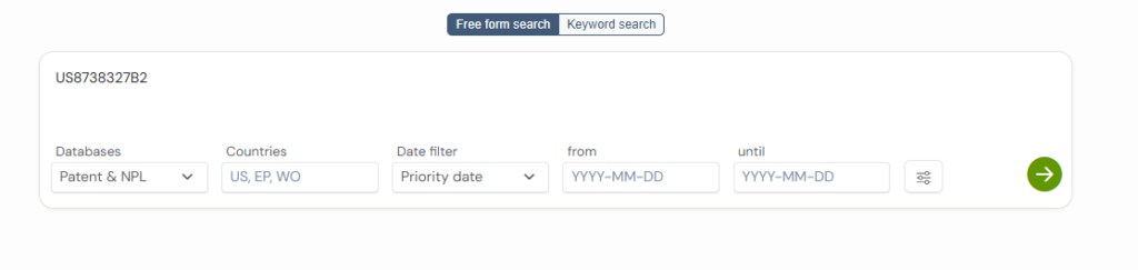 Entering US8738327B2 in GPS search bar 