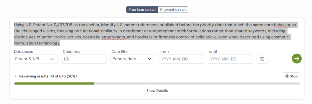 GPS prior art search interface showing a query for finding U.S. patents relevant to Dr. Squatch, LLC v. The Procter & Gamble Company, IPR2024-01174.