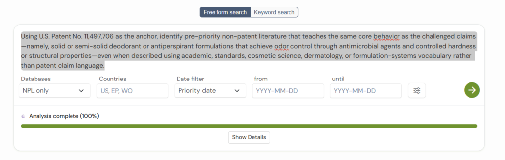 GPS prior art search interface showing query to find non-patent literature relevant to Dr. Squatch, LLC v. The Procter & Gamble Company, IPR2024-01174.