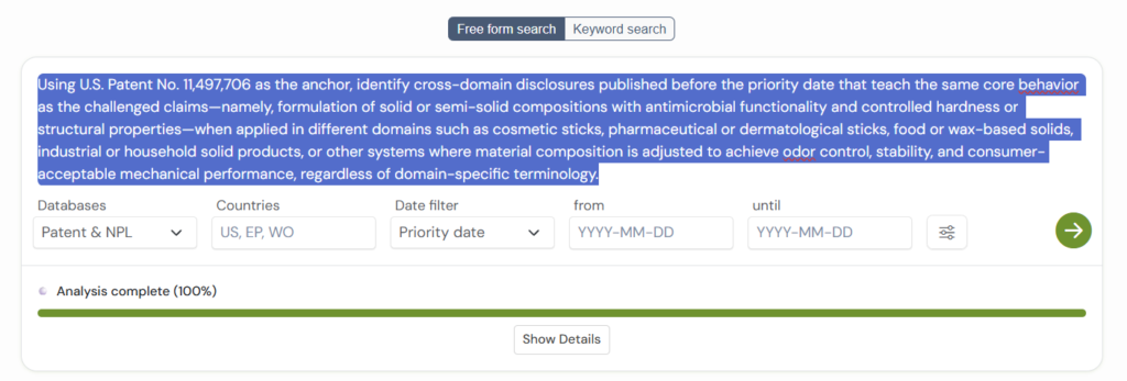 GPS prior art search interface showing query to find cross domain disclosures relevant to Dr. Squatch, LLC v. The Procter & Gamble Company, IPR2024-01174.