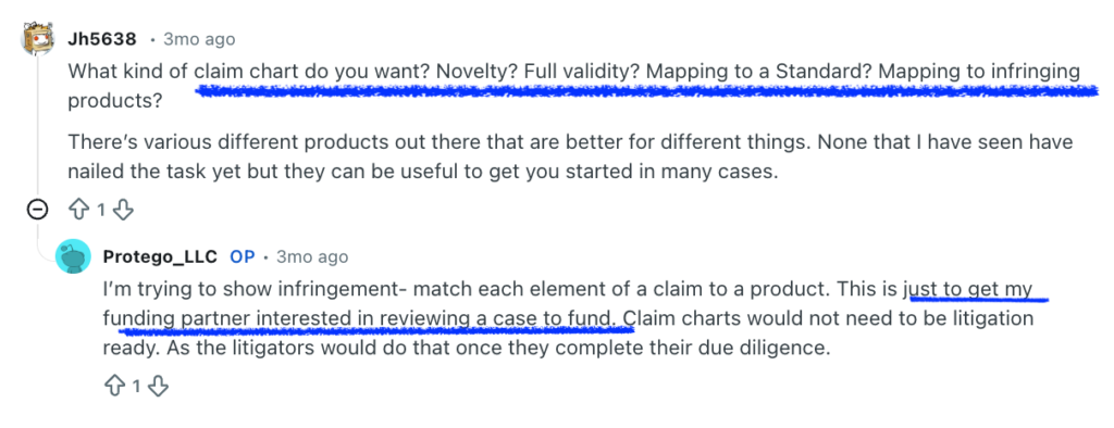 A screenshot showing Reddit conversation about creating infringement claim charts and mapping patent claim elements to products for funding review purposes