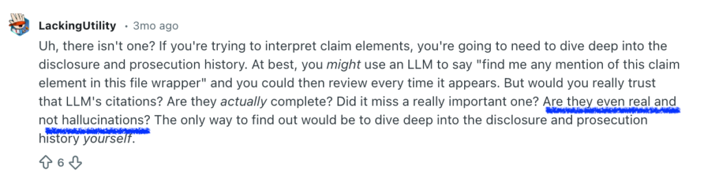 A Reddit discussion highlighting limitations of using LLMs for interpreting claim elements, checking citations, and ensuring accuracy in patent prosecution history analysis
