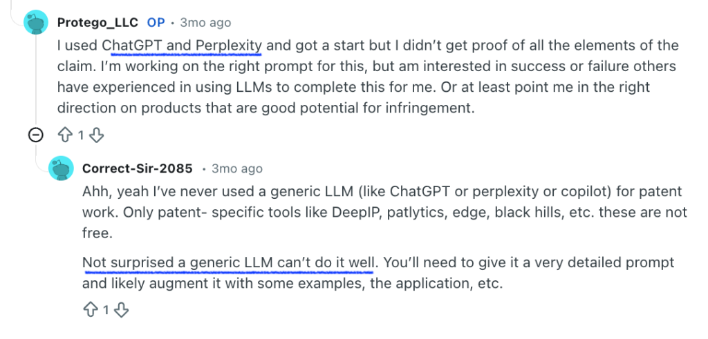 A Reddit discussion comparing ChatGPT and Perplexity with patent-specific tools like DeepIP and Black Hills for infringement claim chart analysis