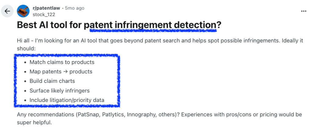 A screenshot of a discussion on Reddit asking for the best AI tool for patent infringement detection, including features like matching claims to products, building claim charts, and identifying likely infringers