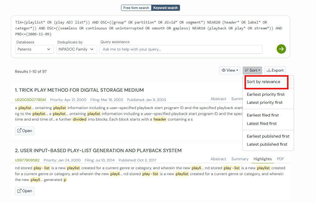 Sort by relevance feature in use