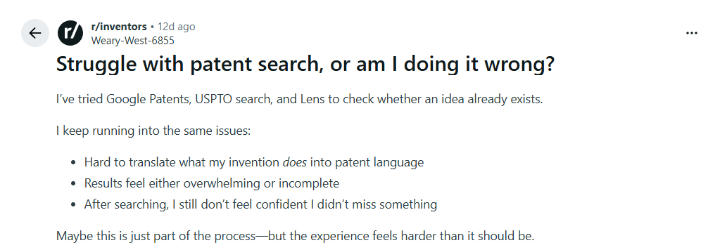 Reddit thread on difficulties in ai patent search 
